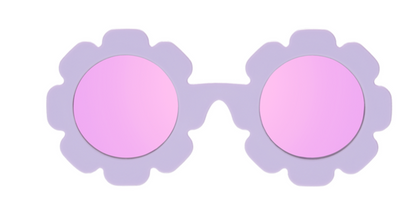 A pair of Babiators polarized flower-shaped sunglasses with pink lenses and UV protection.