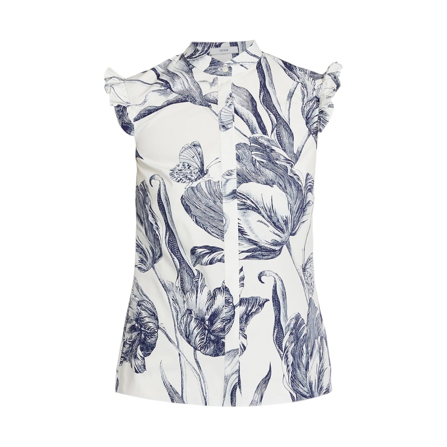 The Erdem Botanical Engraving Sleeveless Top is a white cotton poplin blouse with a navy botanical print, ruffled cap sleeves, and a collarless neckline.