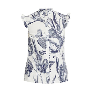 The Erdem Botanical Engraving Sleeveless Top is a white cotton poplin blouse with a navy botanical print, ruffled cap sleeves, and a collarless neckline.