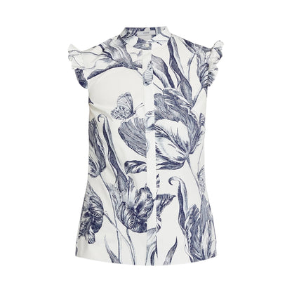 The Erdem Botanical Engraving Sleeveless Top is a white cotton poplin blouse with a navy botanical print, ruffled cap sleeves, and a collarless neckline.