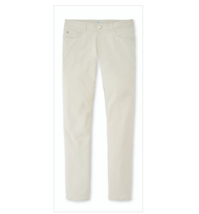 The Peter Millar eb66 Performance Five-Pocket Pant in light beige is a slim-fit style with four-way stretch, shown flat against a white background.