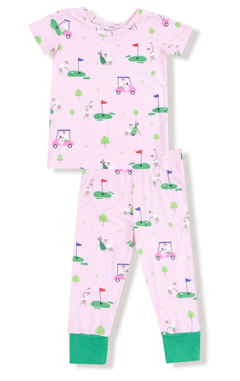 Angel Dear's Baby and Kids' Dog Gone Golf Short Sleeve Loungewear Set features playful pups in golf carts and green pant cuffs, with a 2 Way Zipper for easy potty training changes.