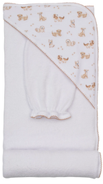 Wrap your little one in comfort with the Kissy Kissy Puppy Paws Hooded Towel w/ Mitt Set. This white baby towel, crafted from soft Pima cotton, features a hooded corner adorned with a playful puppy and paw print design, and comes folded to reveal both the matching bath mitt and the charming printed hood—making bath time gentle and adorable.
