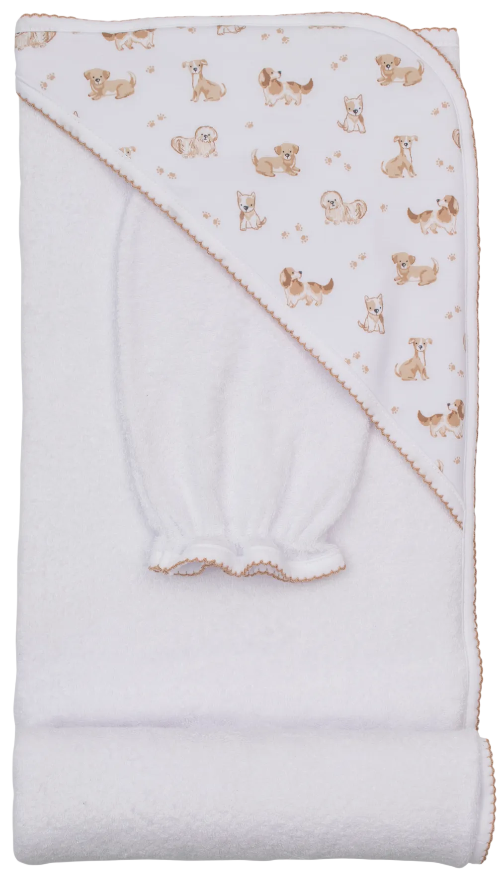 Wrap your little one in comfort with the Kissy Kissy Puppy Paws Hooded Towel w/ Mitt Set. This white baby towel, crafted from soft Pima cotton, features a hooded corner adorned with a playful puppy and paw print design, and comes folded to reveal both the matching bath mitt and the charming printed hood—making bath time gentle and adorable.