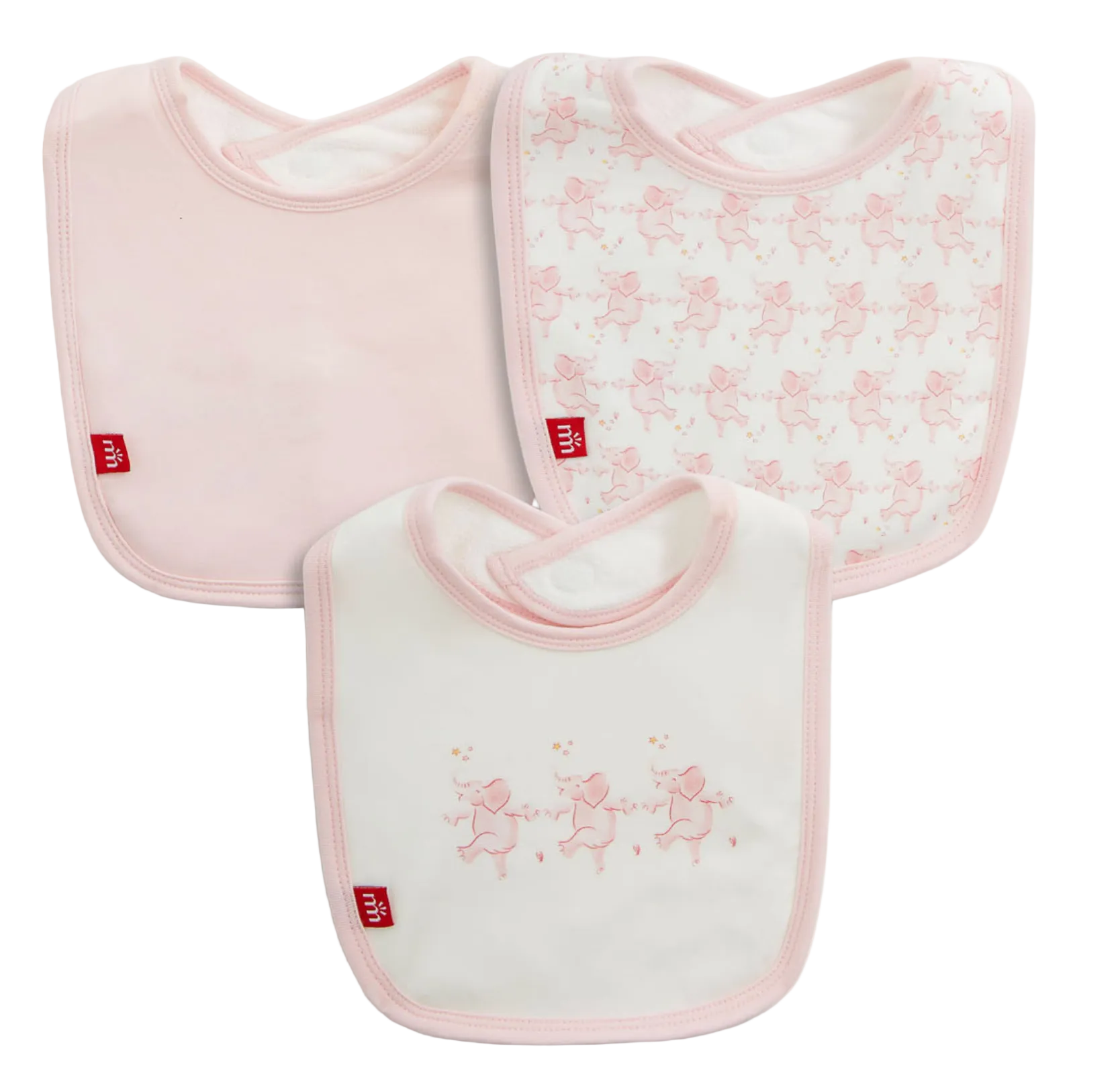 Three absorbent Baby Trunkettes Modal Bibs by Magnetic Me in a 3-pack set, featuring pastel pink and white colors with plain, unicorn pattern, and unicorn duo designs—each crafted from eco-friendly modal fabric and finished with a red MIM label.