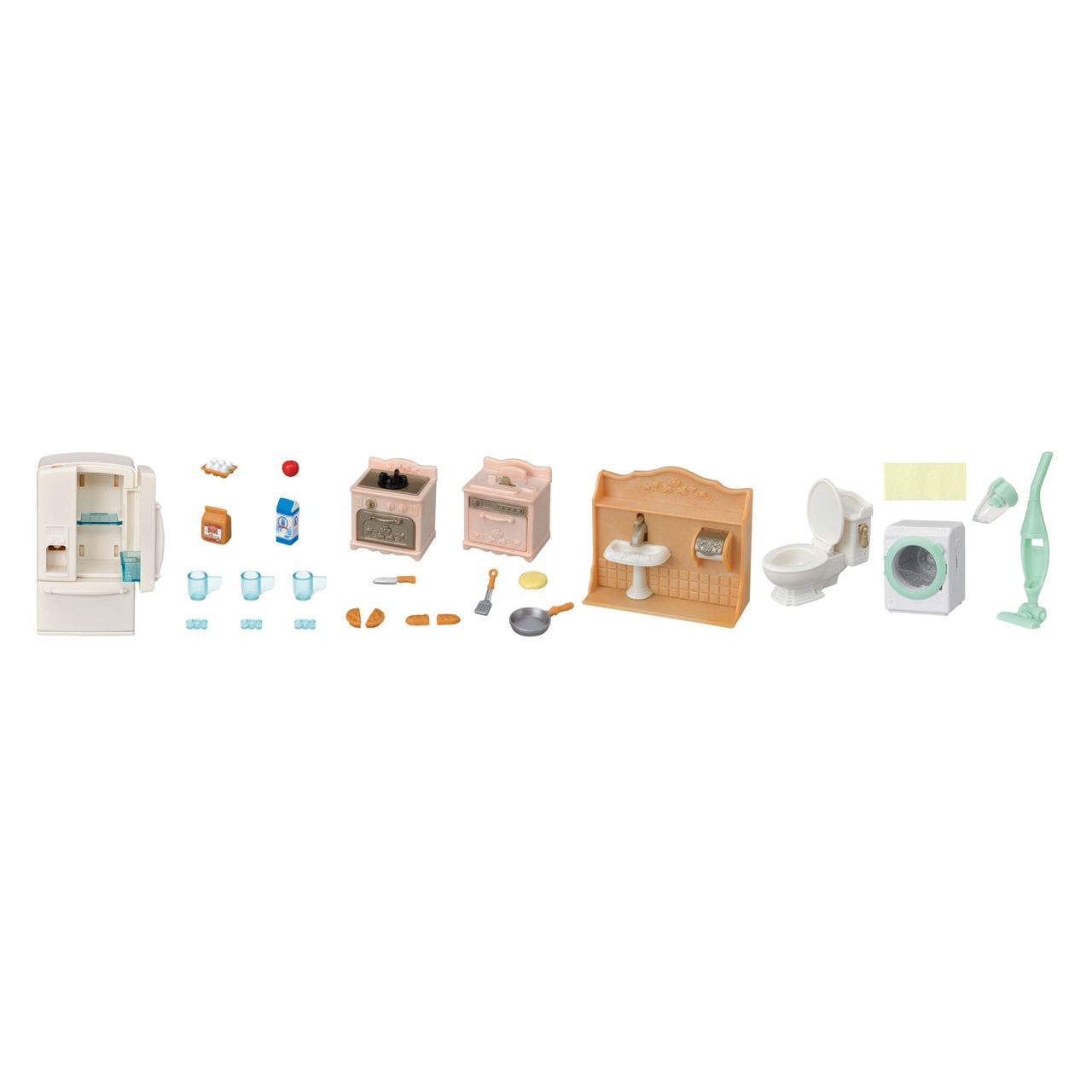 The Playful Starter Furniture Set by Calico Critters features miniature kitchen and bathroom appliances—including a fridge, stove, sink, toilet, washing machine, vacuum, dishes, utensils, and small accessories—neatly arranged in a row on a white background. Perfect for imaginative play, this charming set is an ideal addition to any interactive toy collection.