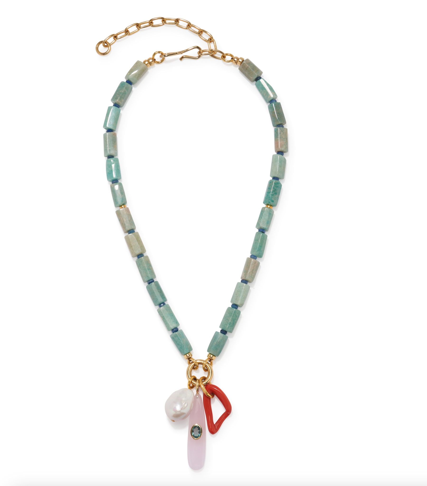 The Lizzie Fortunato Cortez Necklace features turquoise rectangular beads, a gold chain extender, and three charms: a baroque freshwater pearl, a pink opal bar with blue gem, and a red abstract shape.
