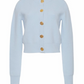 The Ellery Cardigan by Cara Cara is a light blue crewneck style with long sleeves and five decorative gold floral buttons down the front.