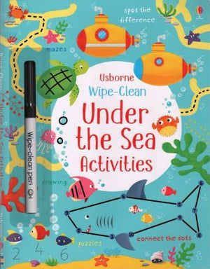 The Harper Collins Wipe-Clean Under the Sea Activities book features sea creatures, submarines, a wipe-clean pen, and engaging prompts to help children build observation skills.