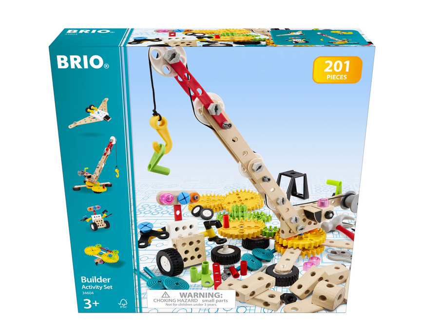 A box of the BRIO Builder Activity Set by Brio, featuring 201 pieces designed for ages 3 and up, highlights the excitement of open-ended construction play with images of a crane and other toy models on the packaging.