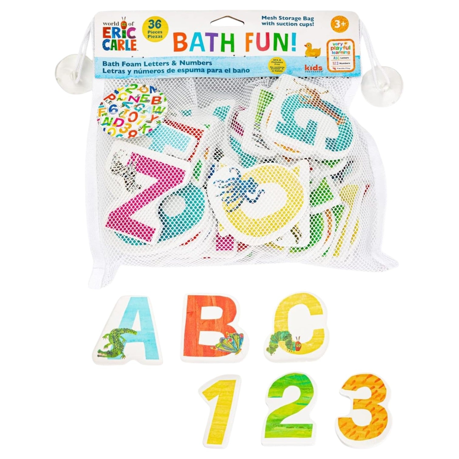 A mesh bag holds Kids Preferred Foam Letters and Numbers Set, featuring colorful pieces with "ABC" and "123" shown on front. The packaging reads "BATH FUN!" and is inspired by The Very Hungry Caterpillar.
