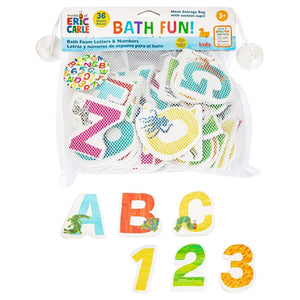 A mesh bag holds Kids Preferred Foam Letters and Numbers Set, featuring colorful pieces with "ABC" and "123" shown on front. The packaging reads "BATH FUN!" and is inspired by The Very Hungry Caterpillar.