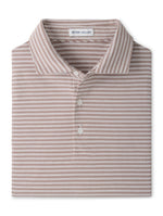Folded Turner Crown Flex Cotton Polo featuring thin, horizontal brown and white stripes and a classic three-button placket.
