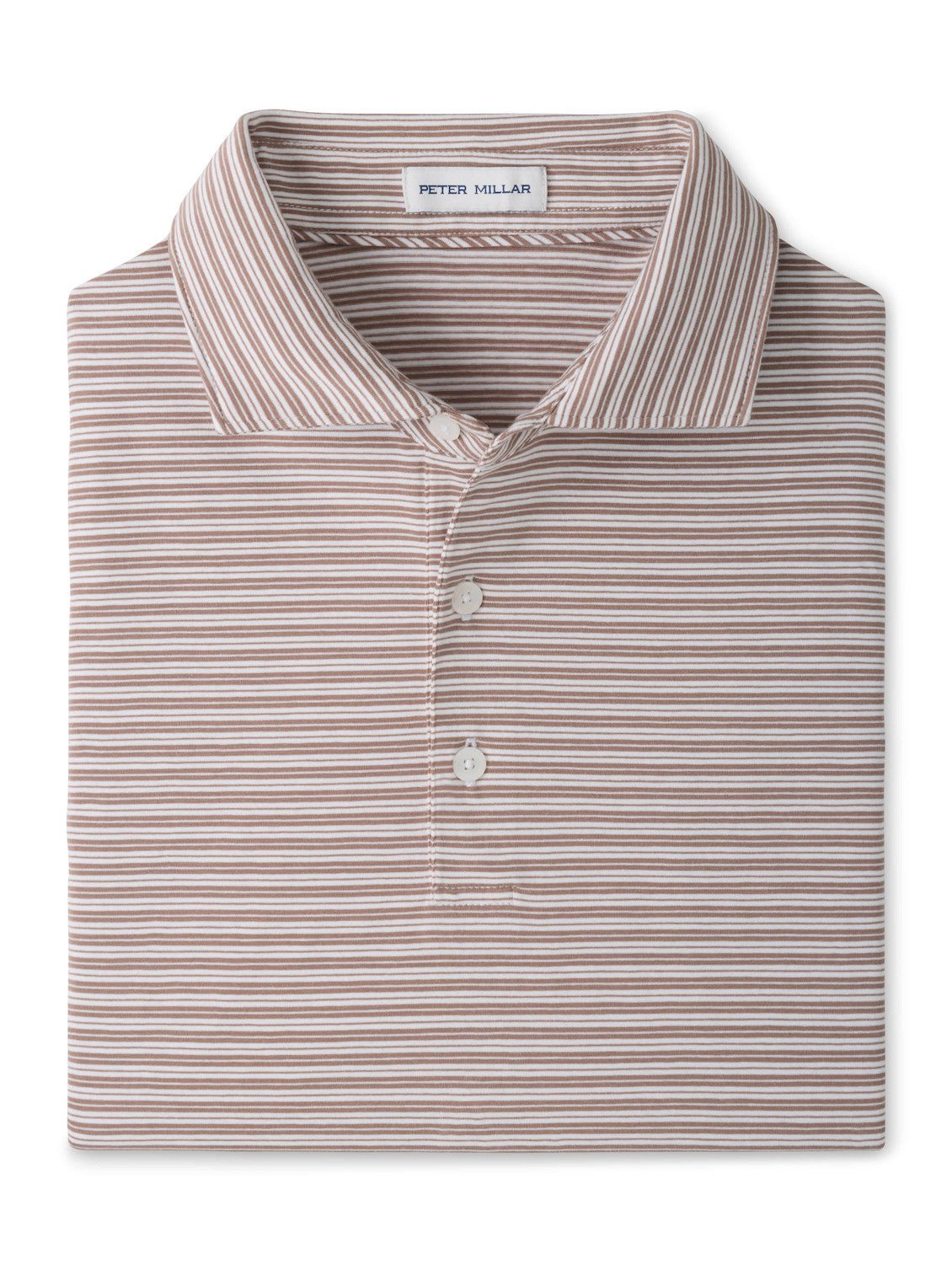 Folded Turner Crown Flex Cotton Polo featuring thin, horizontal brown and white stripes and a classic three-button placket.