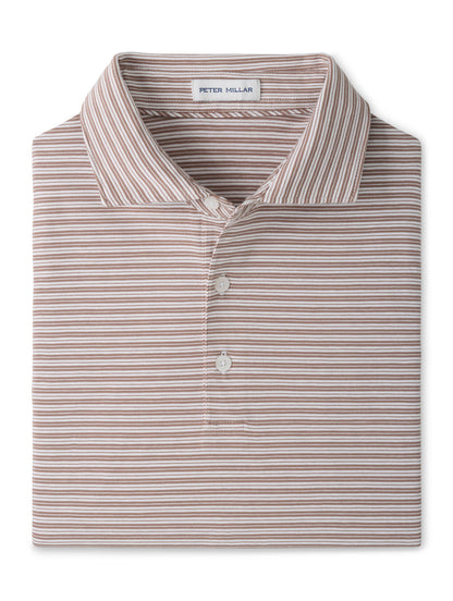 Folded Turner Crown Flex Cotton Polo featuring thin, horizontal brown and white stripes and a classic three-button placket.