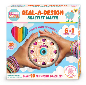 The Bright Stripes Dial-A-Design Bracelet Wheel features a vibrant, colorful design and a spinner dial inspired by classic wooden bracelet makers. The packaging highlights 20 bright thread colors and displays finished friendship bracelets, making it the ideal kit for anyone who wants to easily create custom friendship bracelets.