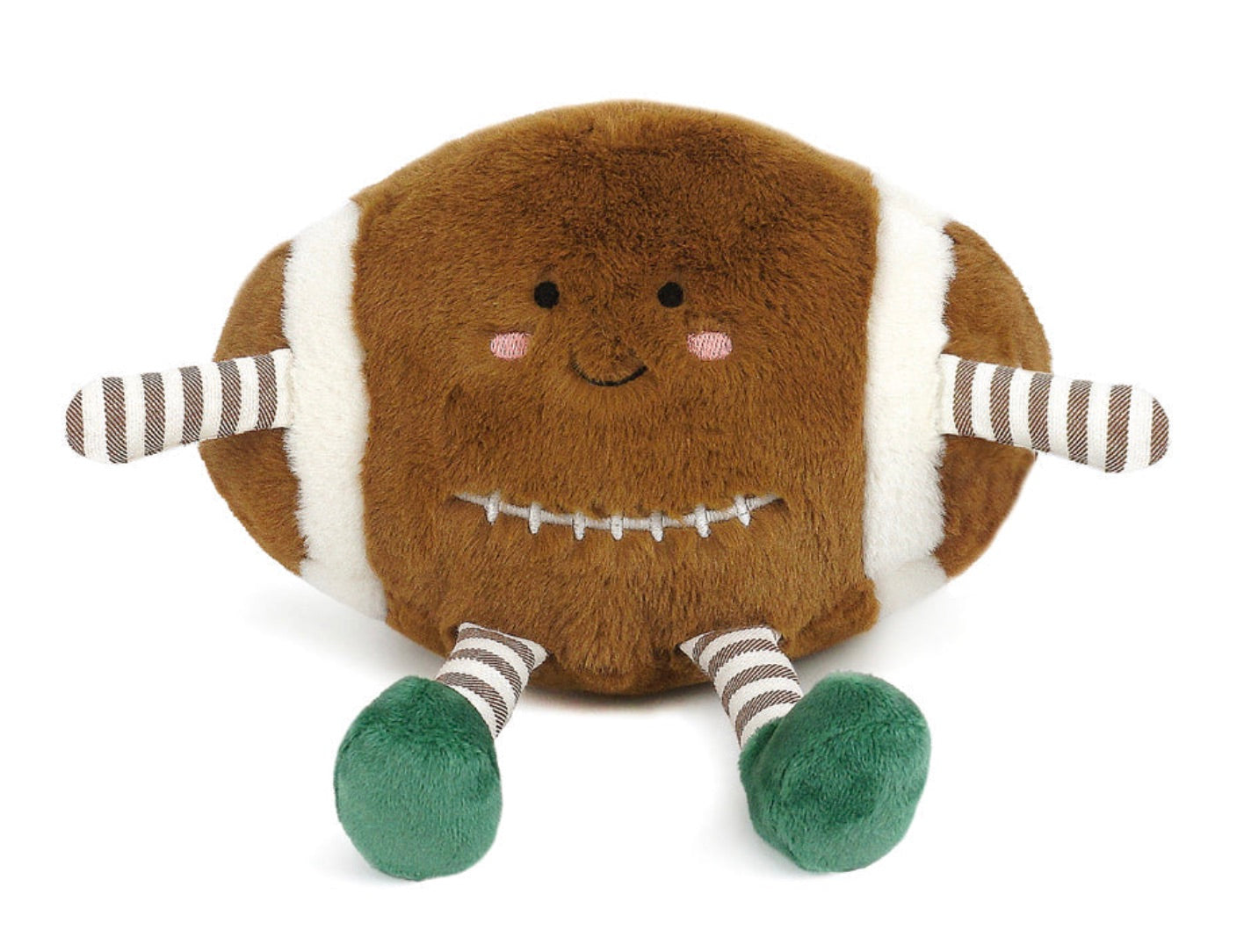 Mon Ami’s Football plush toy features a smiling face, striped arms and legs, and green feet—all set against a plain background. Meet the snuggly Football from Mon Ami, perfect for hugs and playtime! This cuddly stuffed animal is sure to delight kids of all ages.