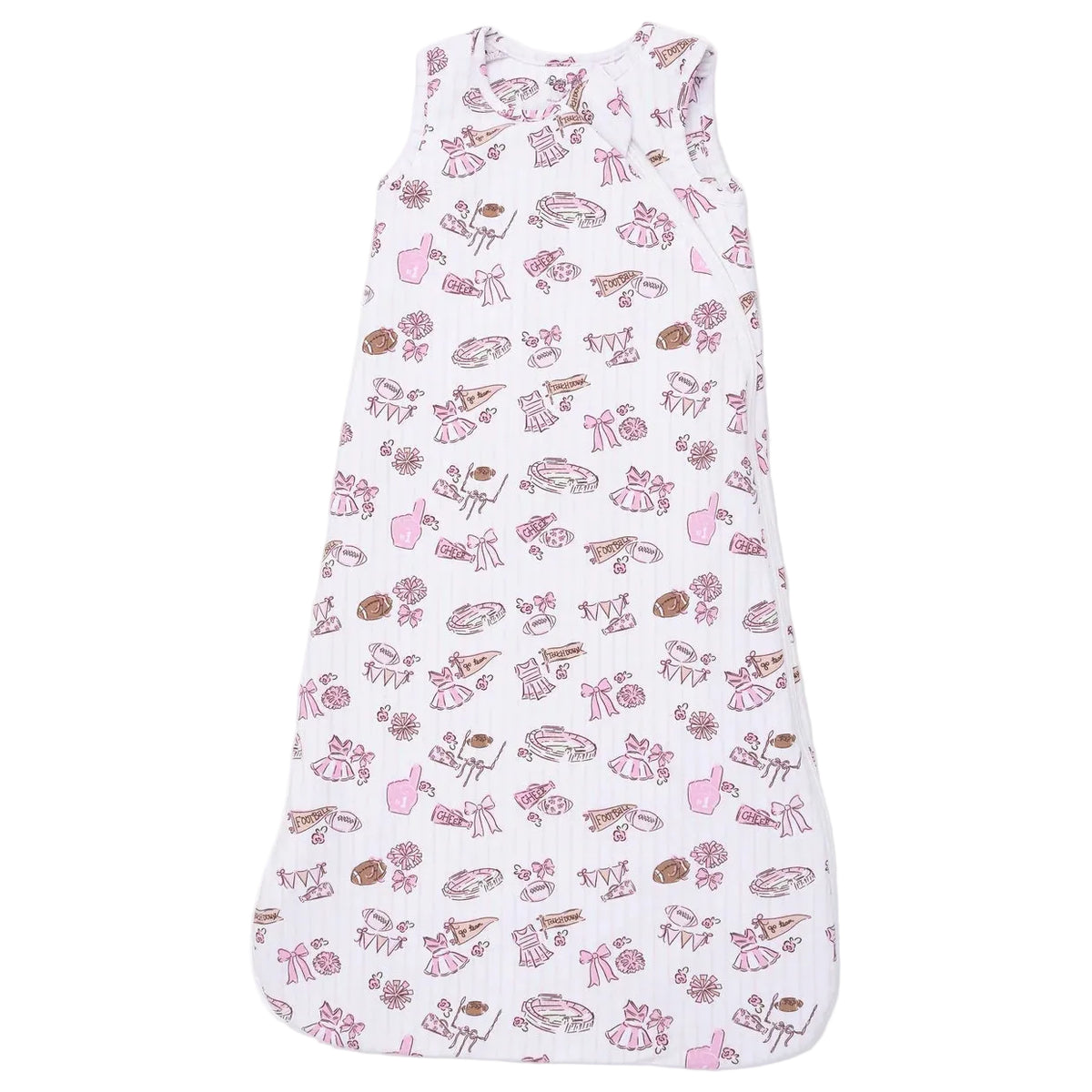 The Angel Dear Baby Sleep Bag is a sleeveless white sleep bag made from soft bamboo fabric, adorned with pink and brown desert-themed illustrations such as cacti, boots, and bandanas.