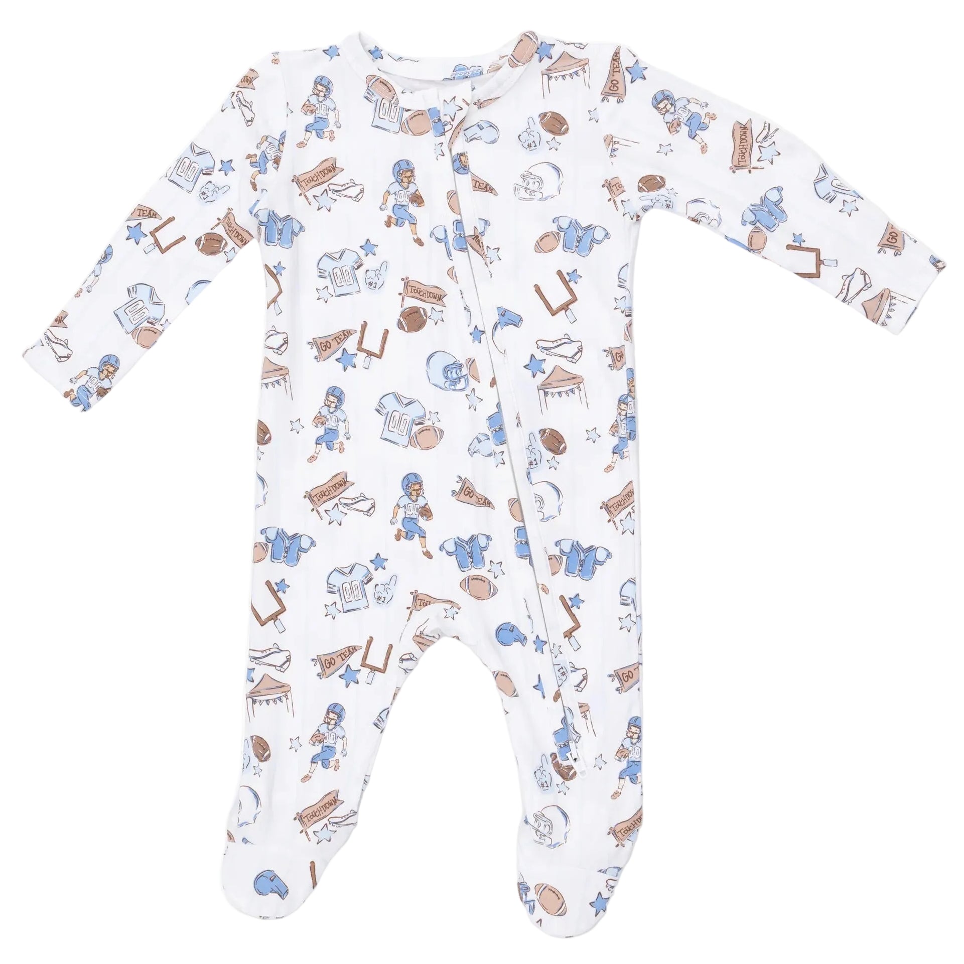 Dress your little one in comfort with the Angel Dear Baby 2-Way Zipper Footie. This white footie features adorable blue and brown cartoon sports and toy prints, long sleeves, and covered feet. Designed for convenience, it includes a handy two-way zipper running diagonally from the neck to the left leg. Made from an ultra-soft fabric reminiscent of bamboo baby pajamas, this sleeper ensures coziness all night long.