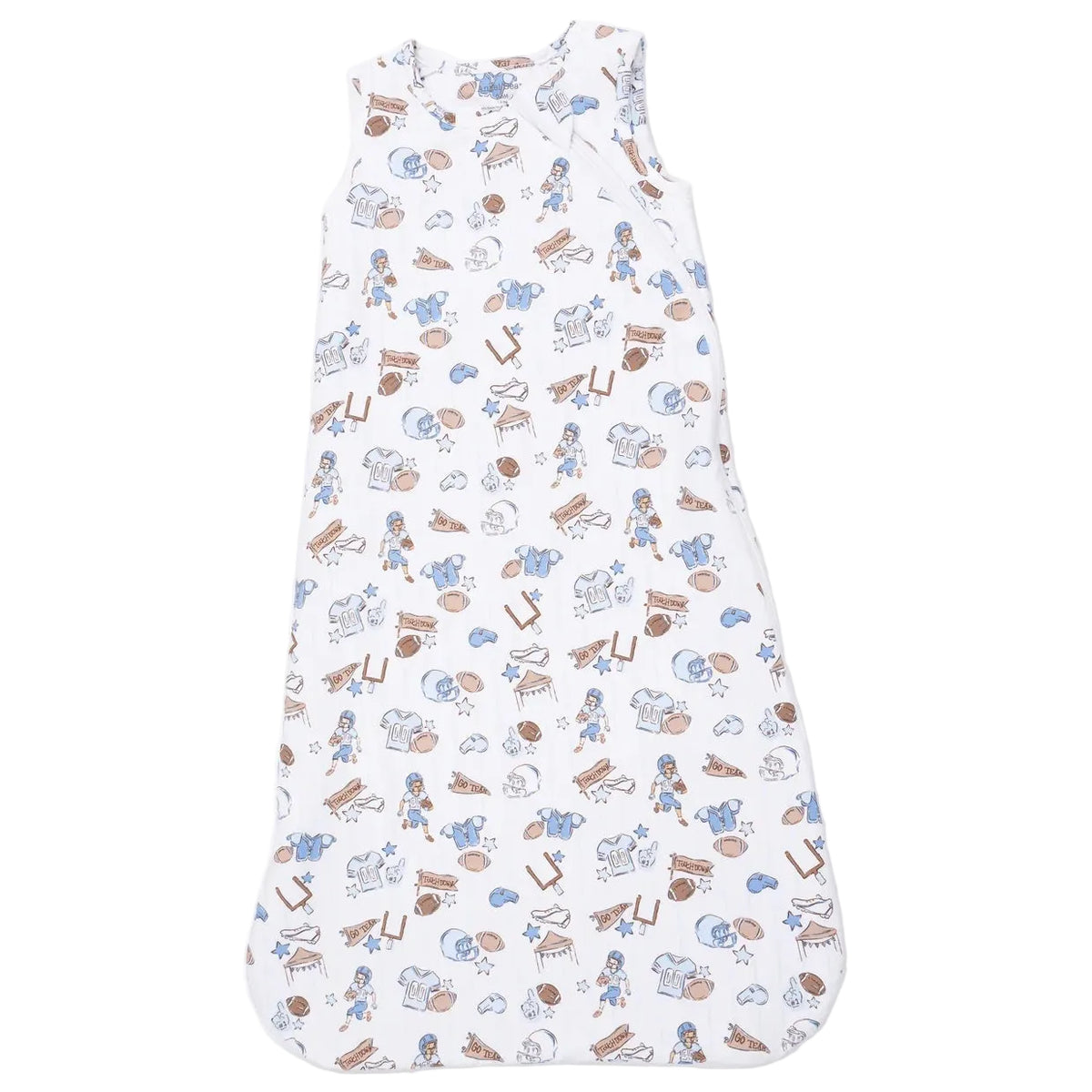 Sleeveless Baby Sleep Bag by Angel Dear in white, crafted from soft bamboo fabric and adorned with a charming blue and brown cartoon animal and object pattern, displayed flat against a white background.