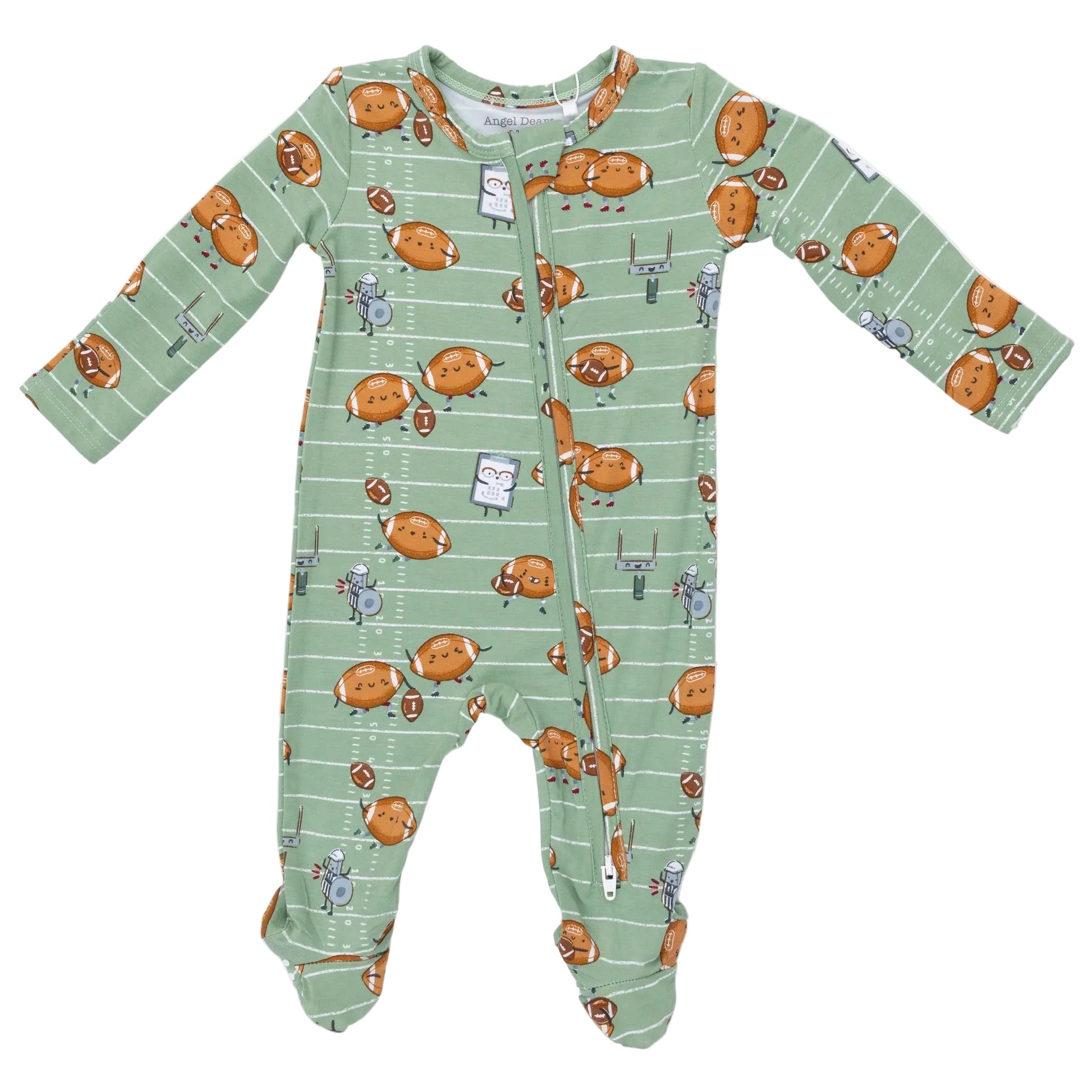 Angel Dear Baby 2-Way Zipper Footie bamboo baby pajamas with football and robot pattern, featuring a convenient two-way zipper from collar to left ankle.
