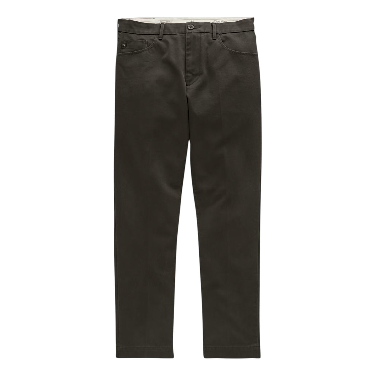 Dark olive slim straight AG Jeans Everett Tailored Pant in gabardine with a button fly and five-pocket styling.