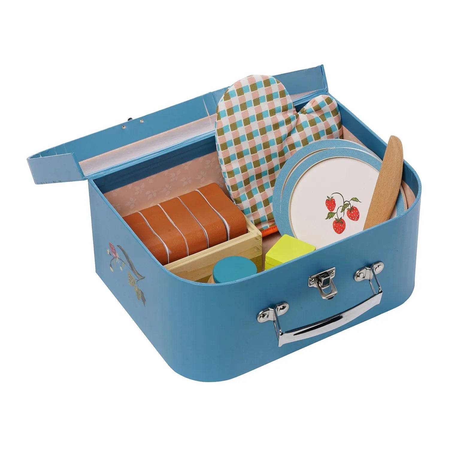 The Manhattan Toys Forest Tales Baking Set by Manhattan Toy comes in a blue suitcase and includes toy kitchen utensils such as a checkered oven mitt, plates with a strawberry design, a wooden knife, and various food items. This set is perfect as a toddler birthday gift or for complementing any wood play kitchen accessory set.