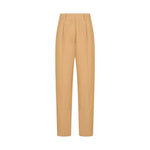 The Blaze Milano Renegade Fox Pants are high-waisted, straight-leg tan trousers with front pleats and belt loops, made from breathable linen, shown on a white background.
