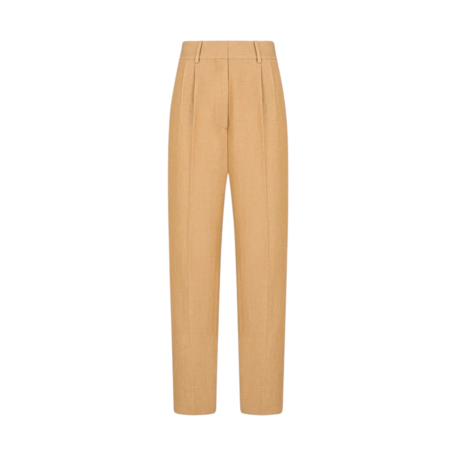 The Blaze Milano Renegade Fox Pants are high-waisted, straight-leg tan trousers with front pleats and belt loops, made from breathable linen, shown on a white background.