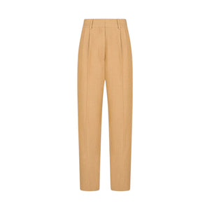 The Blaze Milano Renegade Fox Pants are high-waisted, straight-leg tan trousers with front pleats and belt loops, made from breathable linen, shown on a white background.