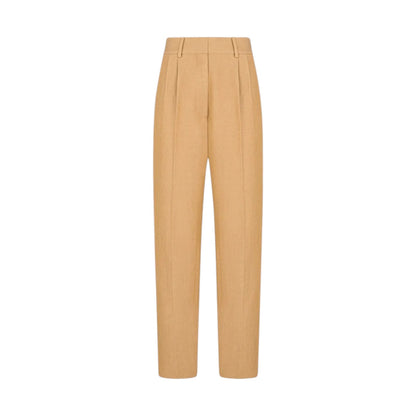 The Blaze Milano Renegade Fox Pants are high-waisted, straight-leg tan trousers with front pleats and belt loops, made from breathable linen, shown on a white background.