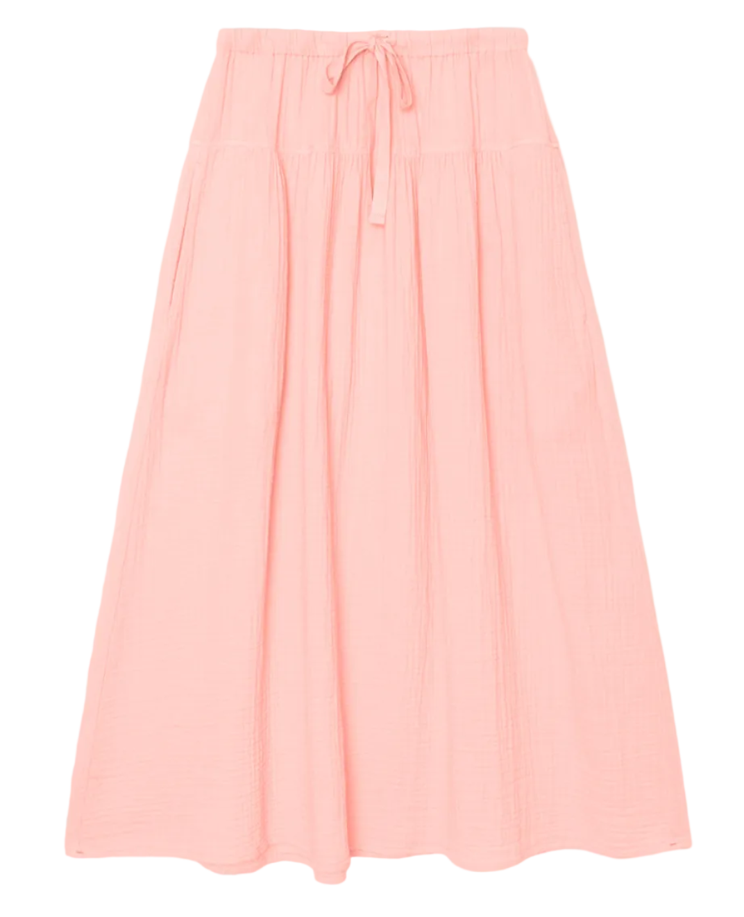 The Irene Skirt by Xirena is a light pink, ankle-length cotton gauze skirt with an elasticized drawstring waist and a relaxed, flowy fit.
