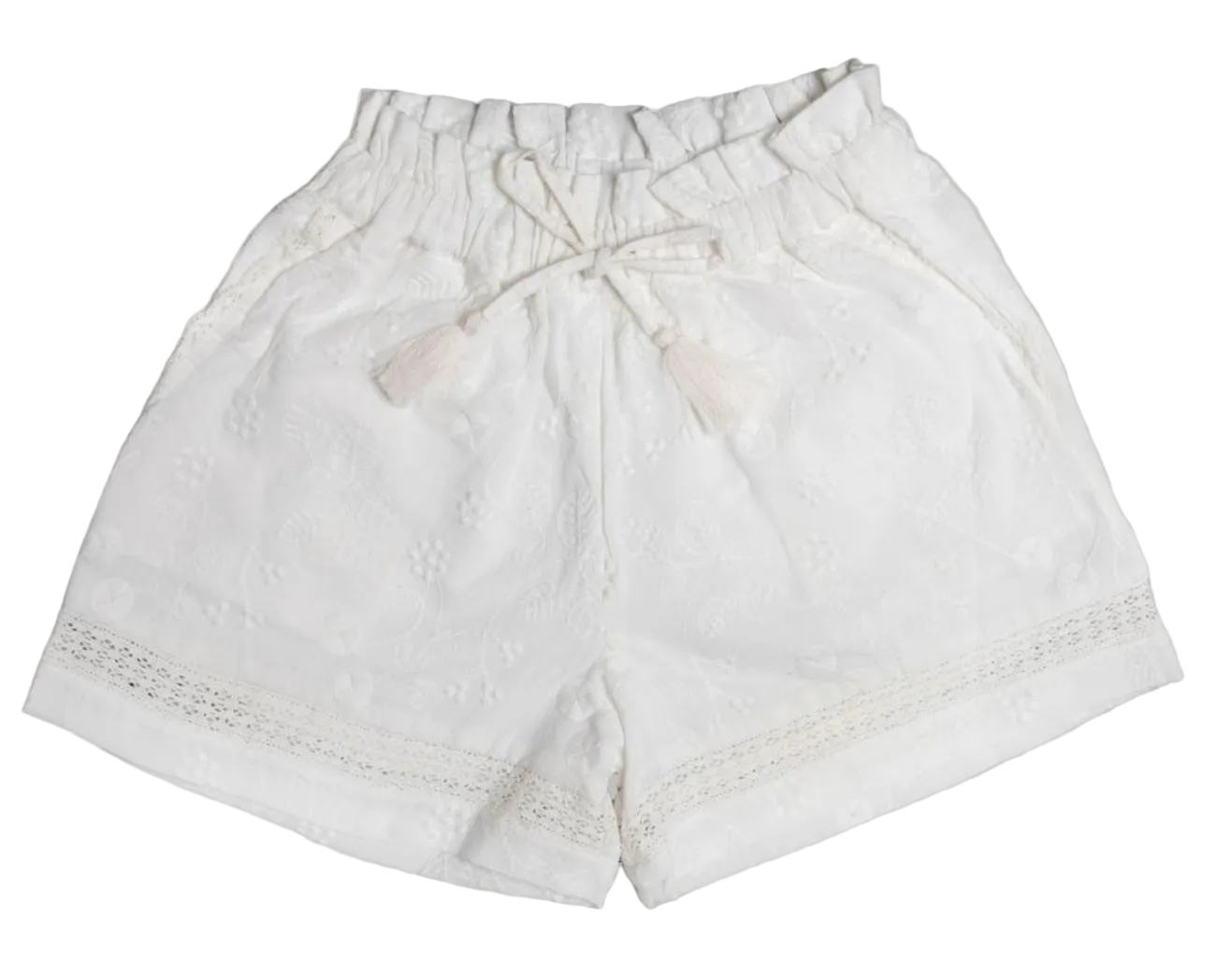 Early Sunday Girls’ Roman Shorts, crafted from breathable white cotton-linen with an elastic waistband, drawstring tie, tassel details, and lace trim near the hem, are displayed on a plain background.