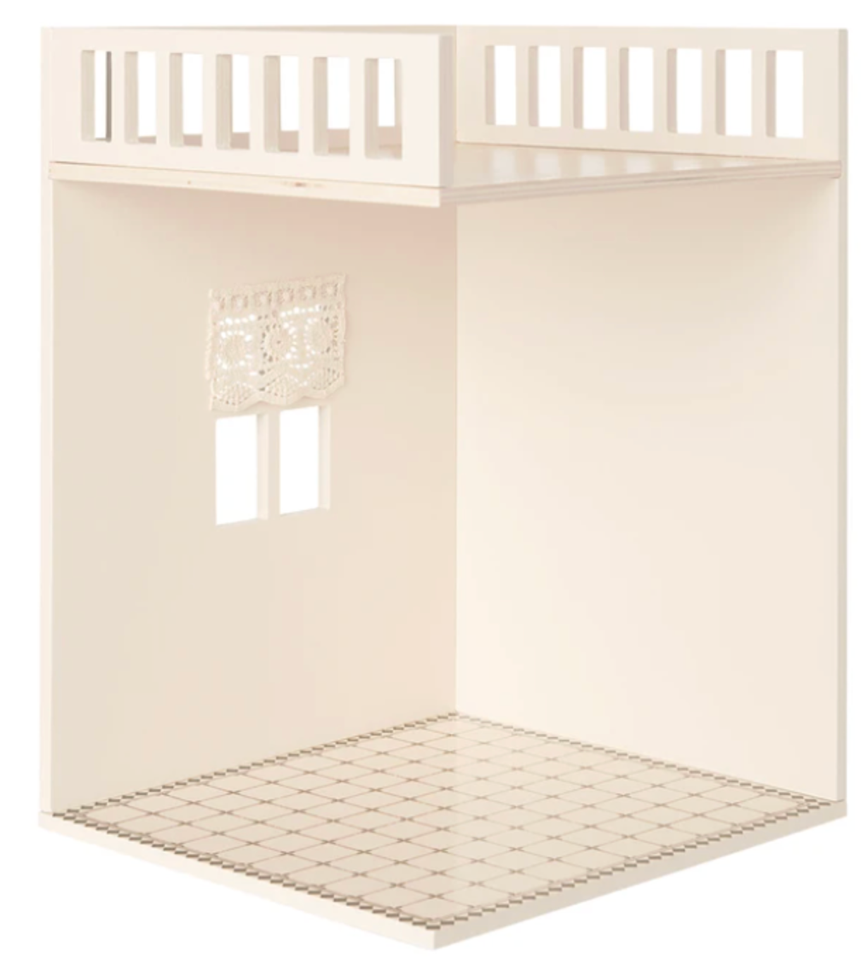 Create a cozy miniature setting with the Maileg House of Miniature Bathroom. This scene features a tiled floor, window with lace curtain, and partial upper railing in neutral tones—perfect for furnishing with your favorite dollhouse accessories or designing a delightful bathroom for your miniatures.