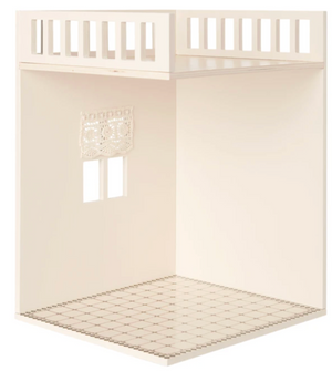 Create a cozy miniature setting with the Maileg House of Miniature Bathroom. This scene features a tiled floor, window with lace curtain, and partial upper railing in neutral tones—perfect for furnishing with your favorite dollhouse accessories or designing a delightful bathroom for your miniatures.