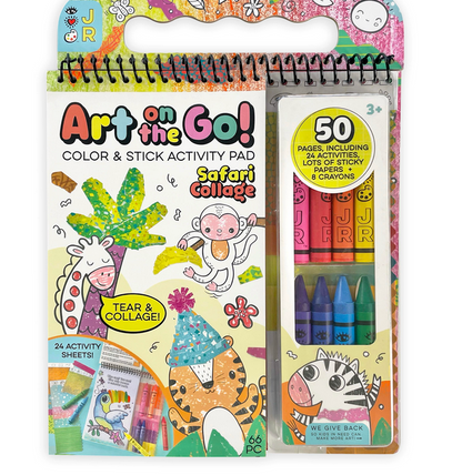 Bright Stripes Art on the Go! Safari Collage set includes 24 activity pages, 50 sheets for coloring and collage, crayons, glue stick, and stickers—perfect for creative fun anywhere!.