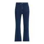 The Reboot Crop Modernist Pocket by Frame features dark blue stretch denim, front patch pockets, a high rise, button and zip closure, and slightly flared cropped legs, shown on a white background.