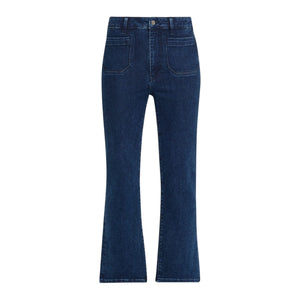 The Reboot Crop Modernist Pocket by Frame features dark blue stretch denim, front patch pockets, a high rise, button and zip closure, and slightly flared cropped legs, shown on a white background.