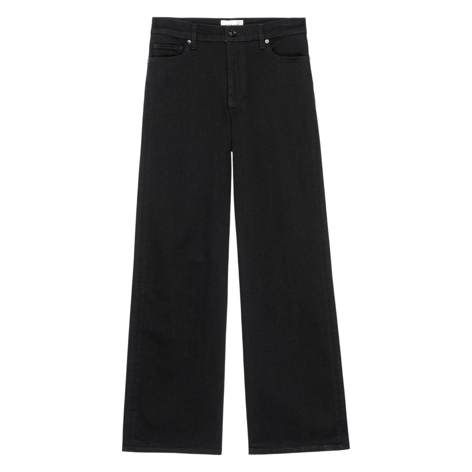 Le Slim Palazzo jeans by Frame—black, high-waisted, wide-leg palazzo style with front and back pockets—shown laid flat on a white background.