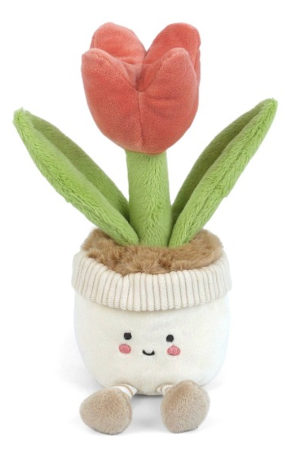 Meet Tully Tulip from Mon Ami—a plush toy shaped like a smiling flowerpot with a red tulip and green leaves. With its white pot, beige base, and tiny arms and legs, Tully Tulip is an adorable cuddly flowerpot friend for all ages.