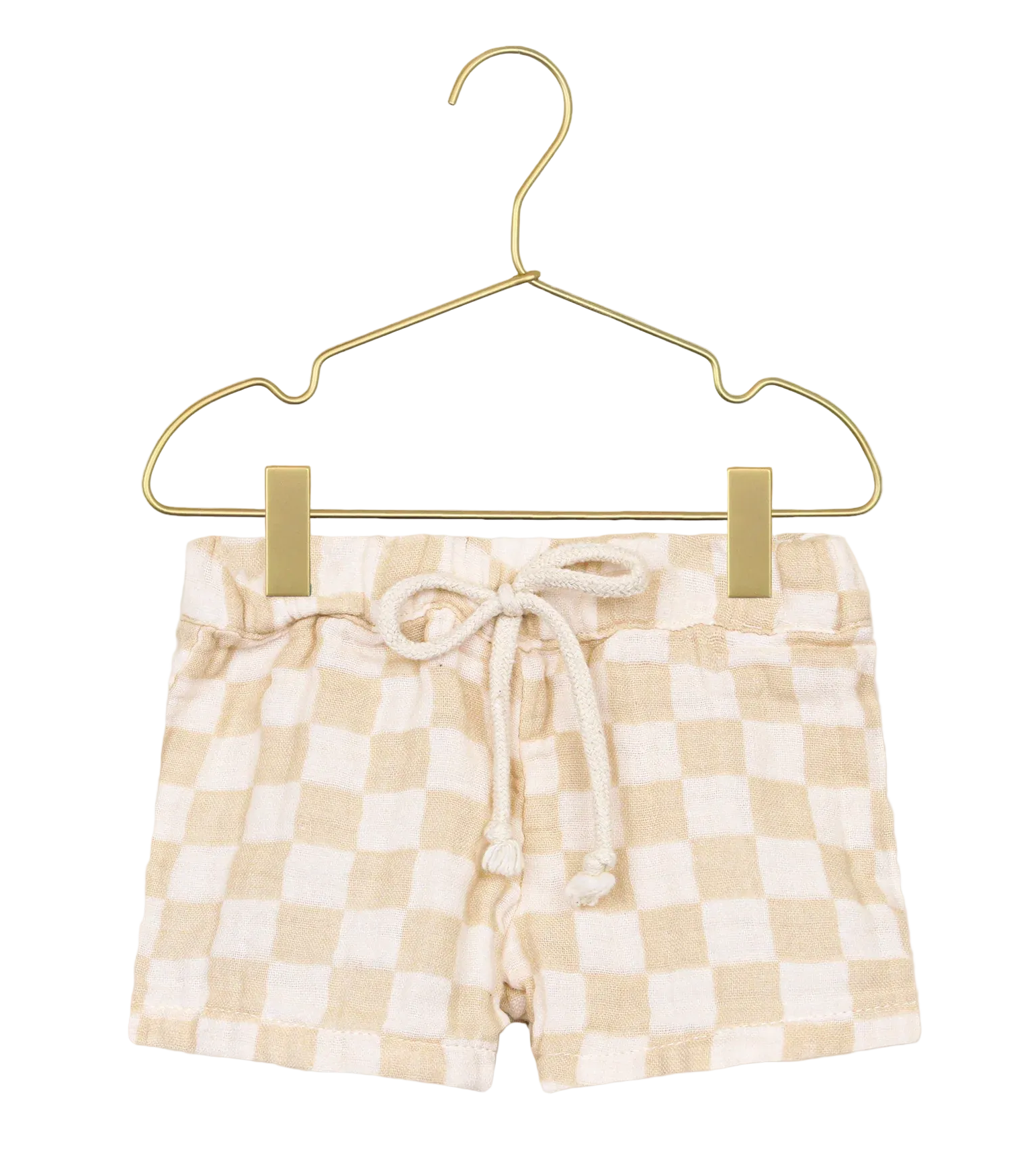 Lou Lou & Company Baby Boys’ Cloud Muslin Shorts in beige and white checkered print, featuring a relaxed fit and drawstring waist, displayed on a gold hanger against a white background.