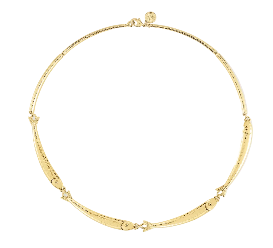 Milos Fish Necklace featuring an 18K gold plated chain with a series of small, connected fish charms.