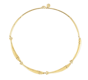 Milos Fish Necklace featuring an 18K gold plated chain with a series of small, connected fish charms.