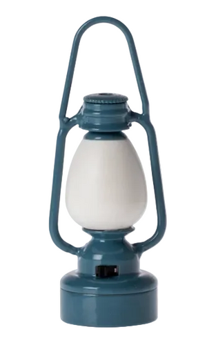 The Maileg Blue Vintage Lantern - Mouse features a charming blue and white design with a metal handle, perfect for camping adventures or bringing a farmhouse accent to any space, and is displayed against a white background.