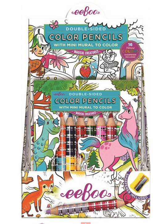 The Eeboo Mini Mural with Color Pencils features a unicorn, fox, and other magical creatures on its illustrated packaging and includes double-sided color pencils, a pencil sharpener, and a fold-out mural for creative fun.