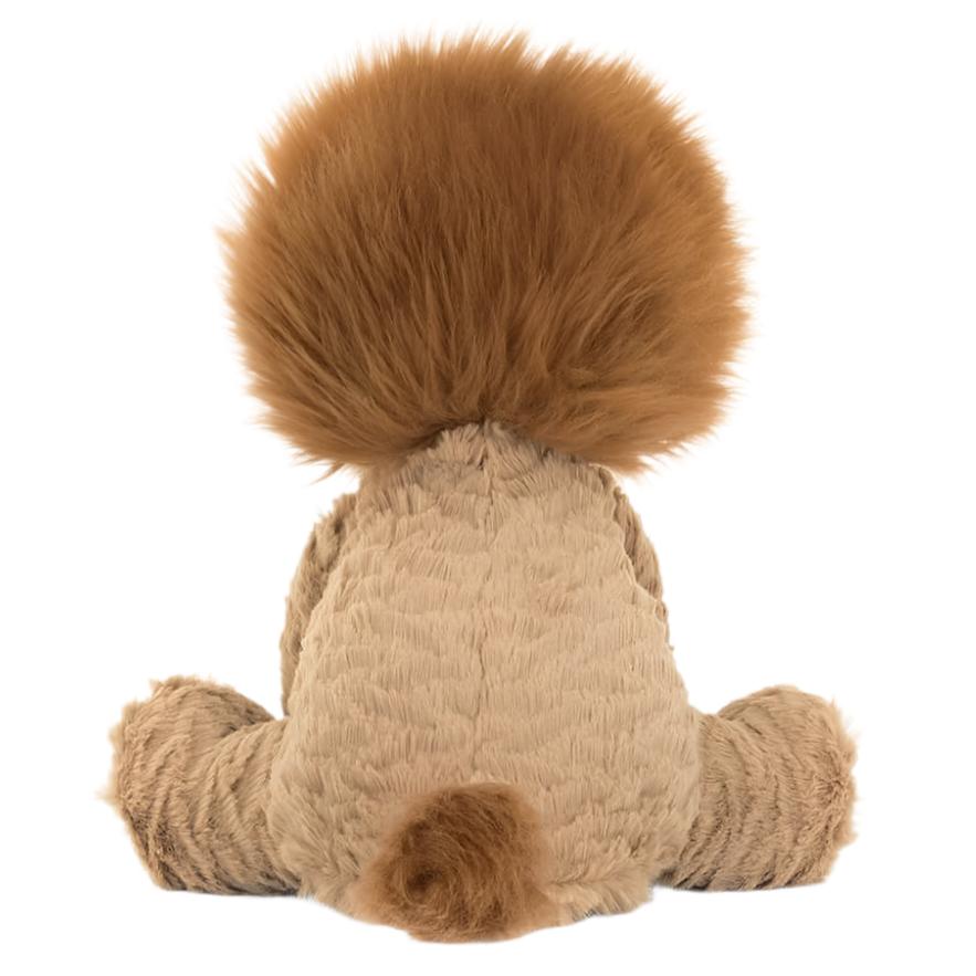 The Jellycat Fuddlewuddle Lion, Medium is a plush stuffed animal with a fluffy mane and tail, shown from the back against a white background.
