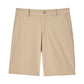 The Johnnie-O Fusionn Short in khaki is a chino-style, knee-length short featuring belt loops, a front zipper, button closure, and side pockets, displayed flat on a white background.