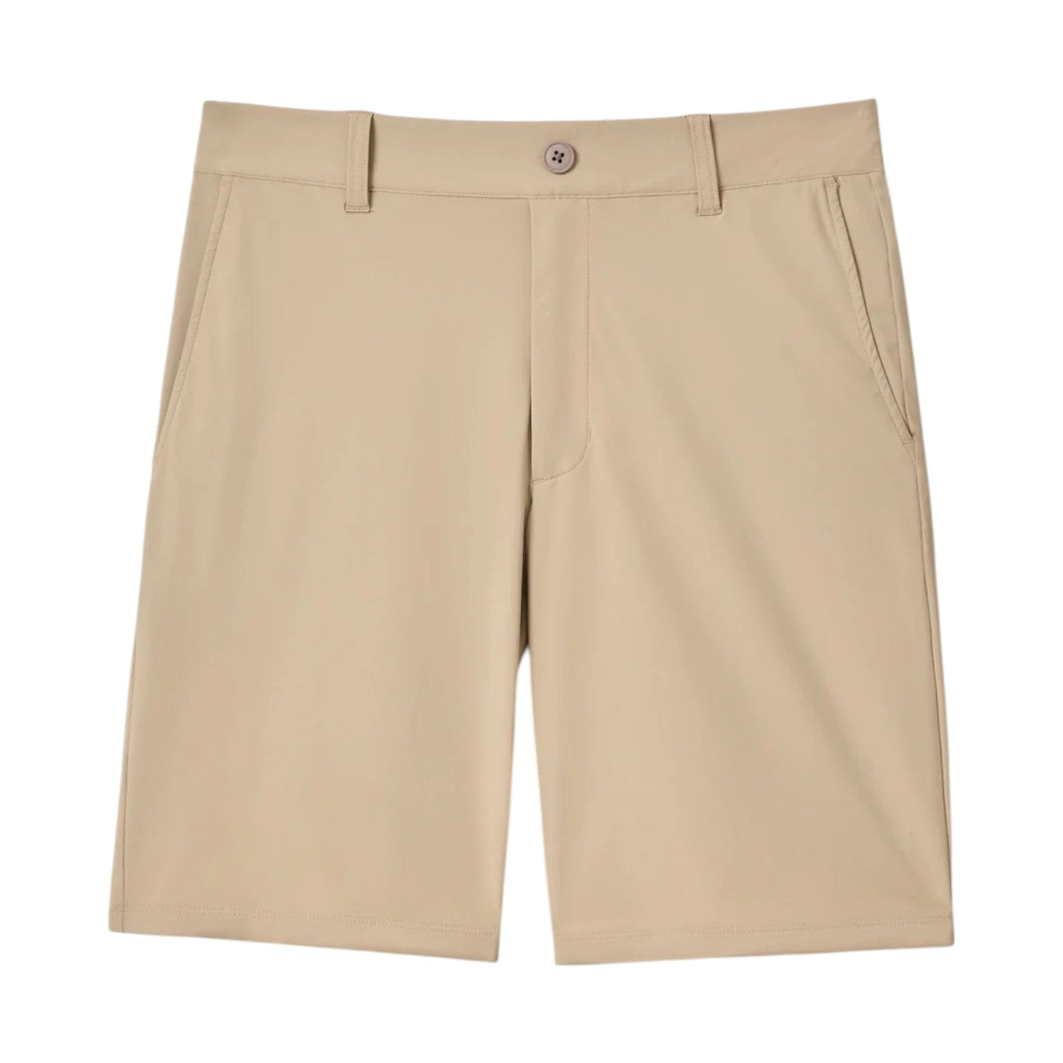 The Johnnie-O Fusionn Short in khaki is a chino-style, knee-length short featuring belt loops, a front zipper, button closure, and side pockets, displayed flat on a white background.