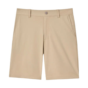The Johnnie-O Fusionn Short in khaki is a chino-style, knee-length short featuring belt loops, a front zipper, button closure, and side pockets, displayed flat on a white background.