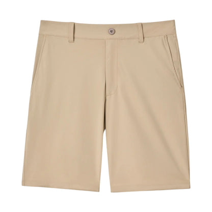 The Johnnie-O Fusionn Short in khaki is a chino-style, knee-length short featuring belt loops, a front zipper, button closure, and side pockets, displayed flat on a white background.